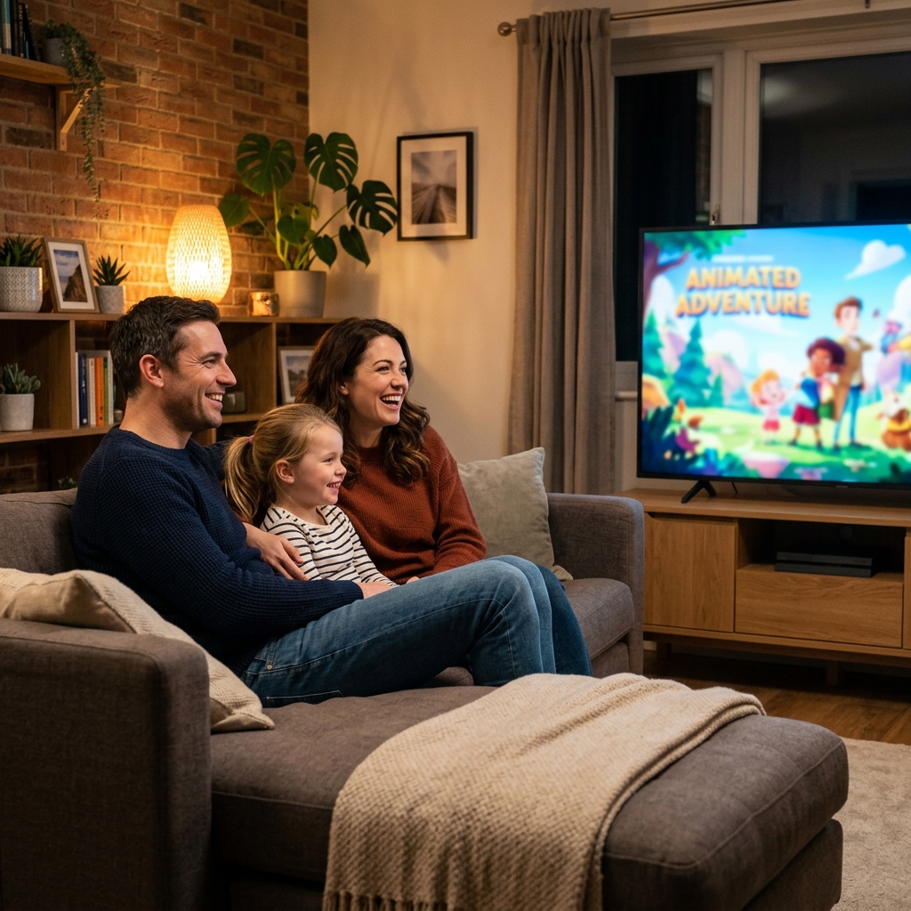 Realistic Couple watching high quality IPTV screen at night